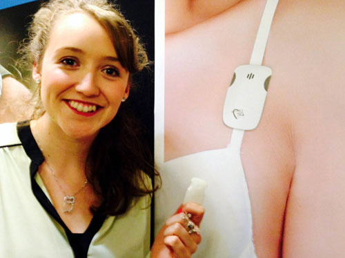 The alarm is discreetly hidden on a bra strap 