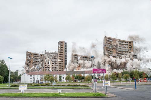 The demolition of the tower blocks at Tarfside Oval in Cardonald, Glasgow, took place on Sunday morning. Three of the four blocks were brought down by controlled explosion, with one block remaining to be mechanically dismantled. IN PIC................. (c) Wullie Marr/DEADLINE NEWS For pic details, contact Wullie Marr........... 07989359845