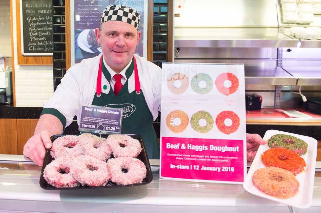 Crombies butchers, makers of 'haggis doughnuts'. Manmager, Brian Barclay, with the doughnuts. *** Words also supplied *** IN PIC................. (c) Wullie Marr/DEADLINE NEWS For pic details, contact Wullie Marr........... 07989359845