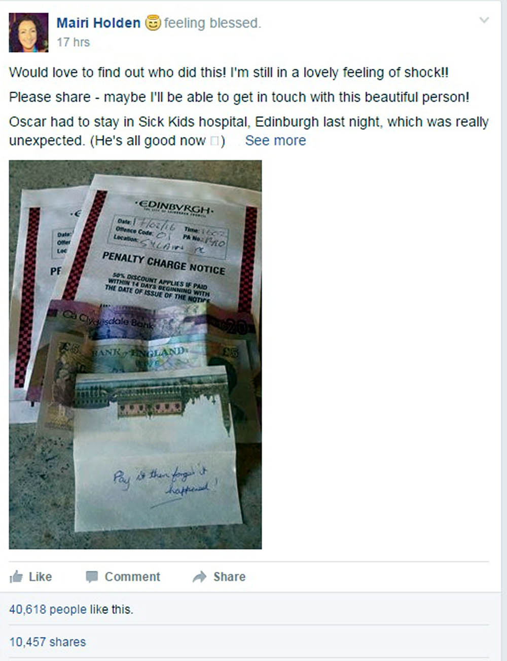 The original post where Mairi praises the good Samaritan who left money for the £25 fine. 