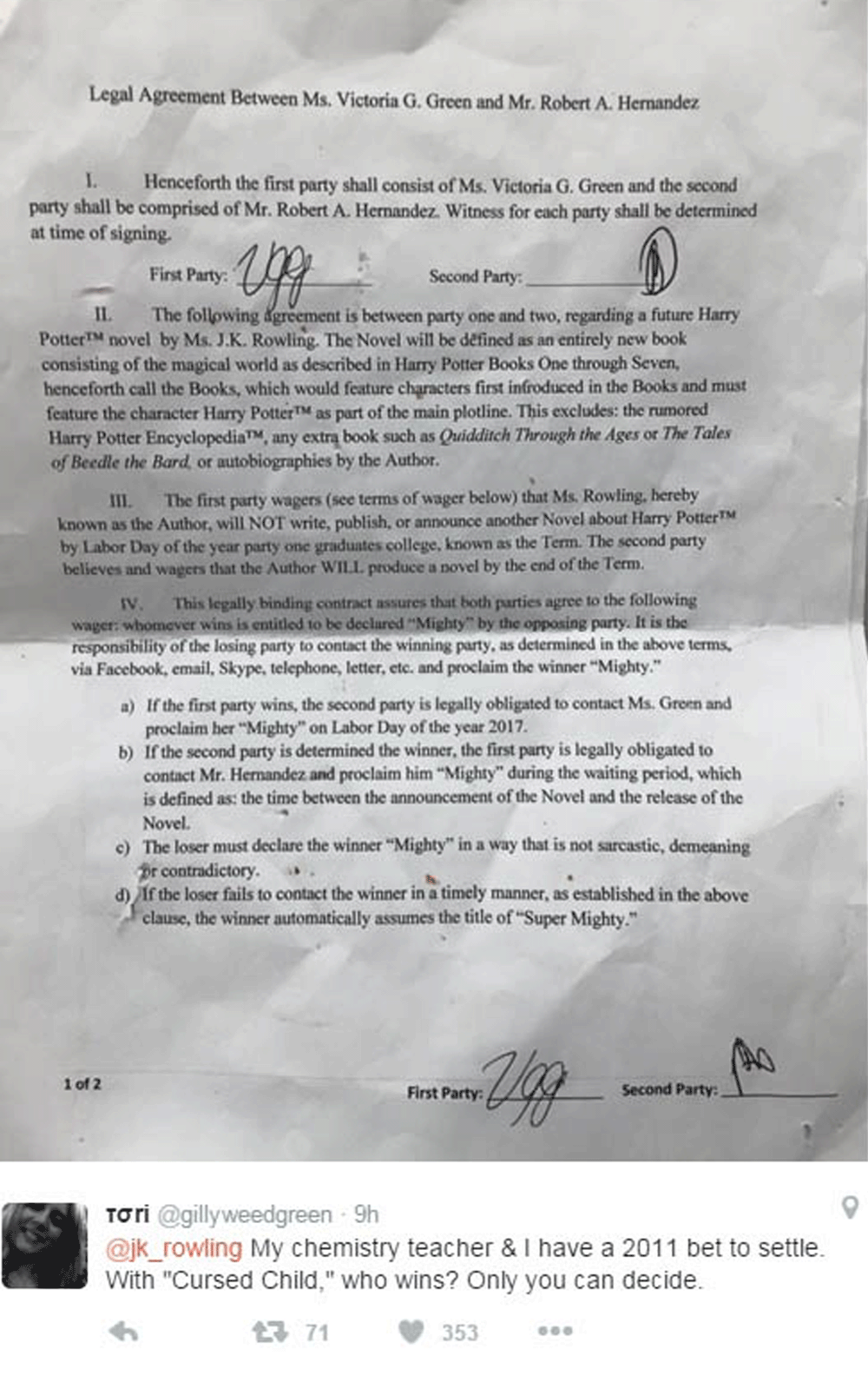The contract the pair drew up