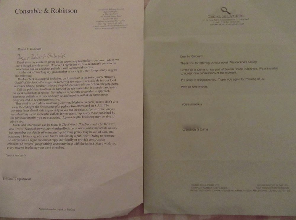 The rejection letters for Robert Galbraith