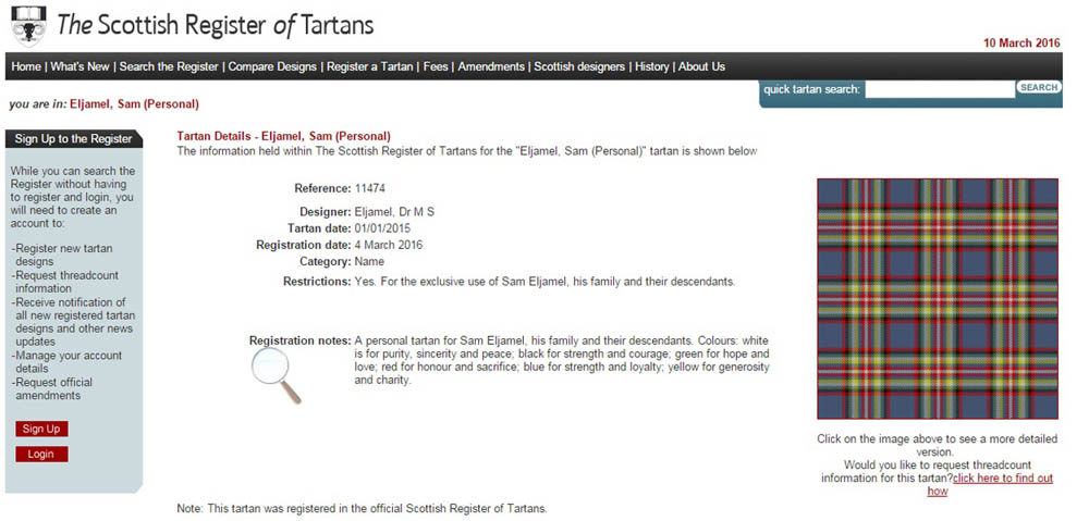 The 'Sam Eljamel' tartan on The Scottish Register of Tartans