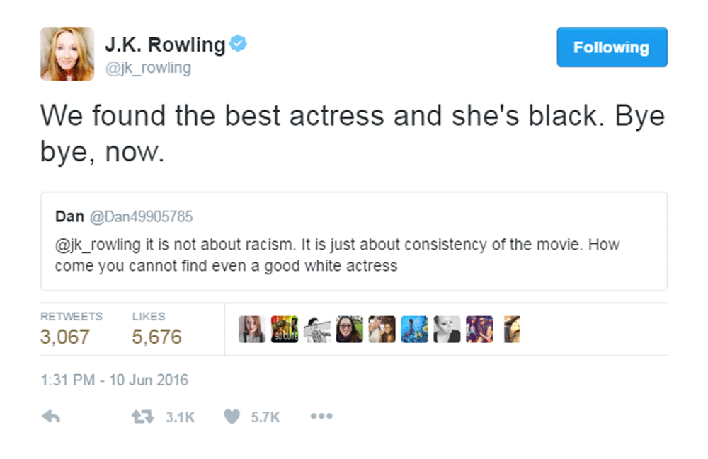 The Harry Potter author shot down her followers' tweet