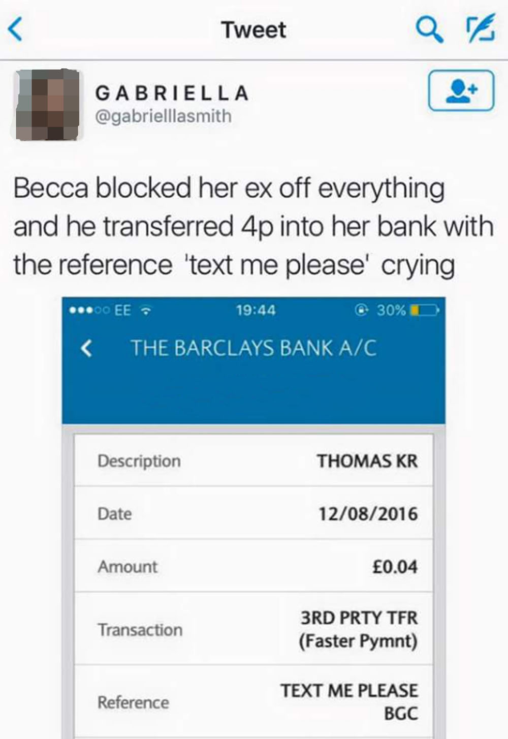 Blocked ex gets in touch by bank transfer - Deadline News
