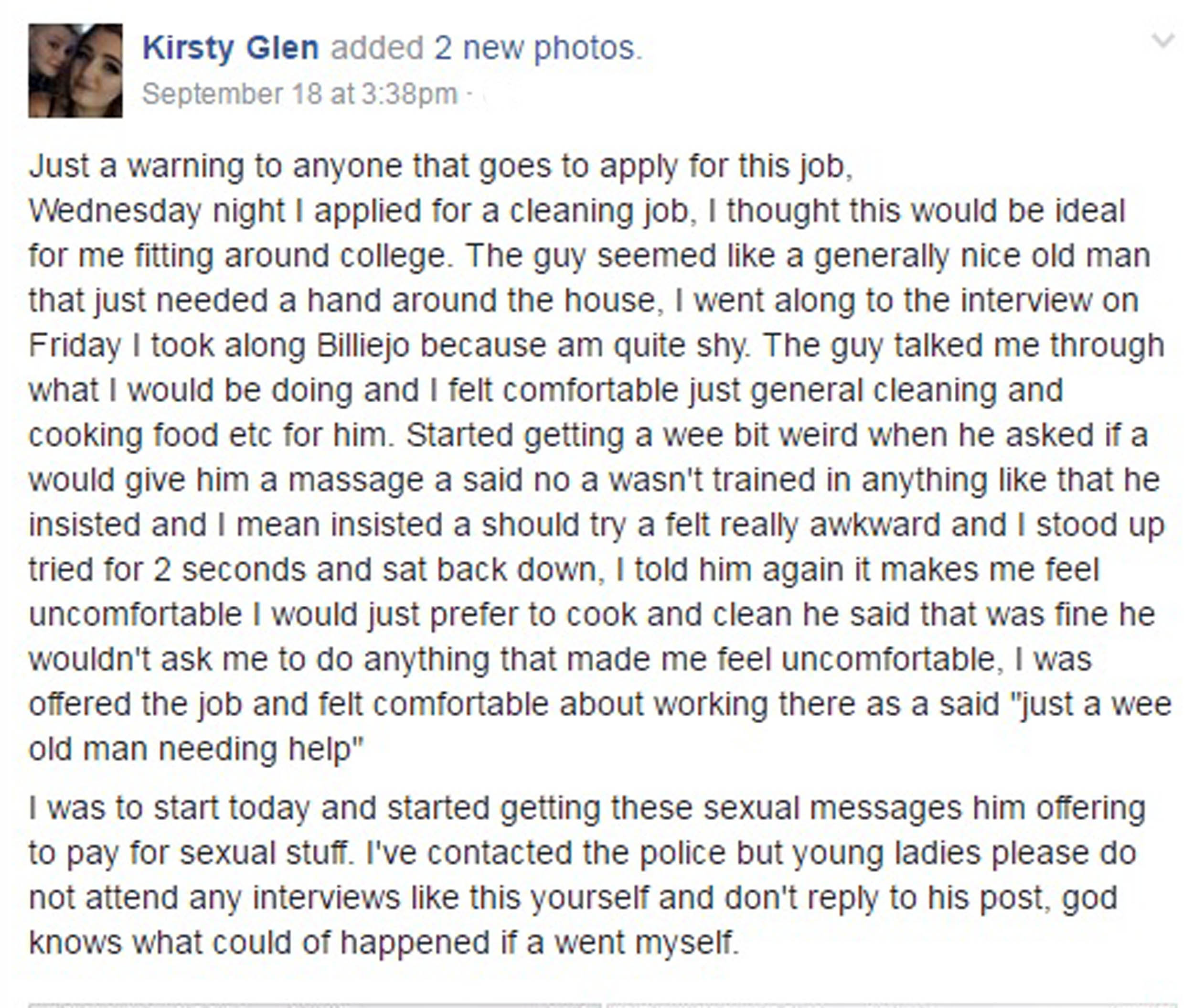 Kirsty took to Facebook to tell of the matter