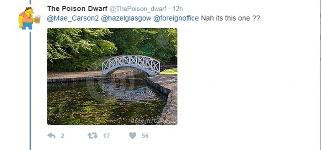 THE Foreign Office has been ridiculed for tweeting a photo of the wrong bridge in a post about the Queensferry Crossing. Blundering bureaucrats posted a picture of the 126-year-old Forth Bridge rather than the almost-complete, state-of-the-art, £1.35bn road bridge. The Foreign Office official Twitter account stated: "Opening in 2017, the 2.7 km Queensferry Crossing will be the longest 3 tower cable-stayed bridge in the world #DesignisGREAT #GlobalBritain" Accompanying the tweet was an image of the iconic, red-painted Forth Bridge, taken before work had even started on the Queensferry Crossing. Jokers started tweeting pictures of other world-famous bridges, claiming it was the Queensferry Crossing.