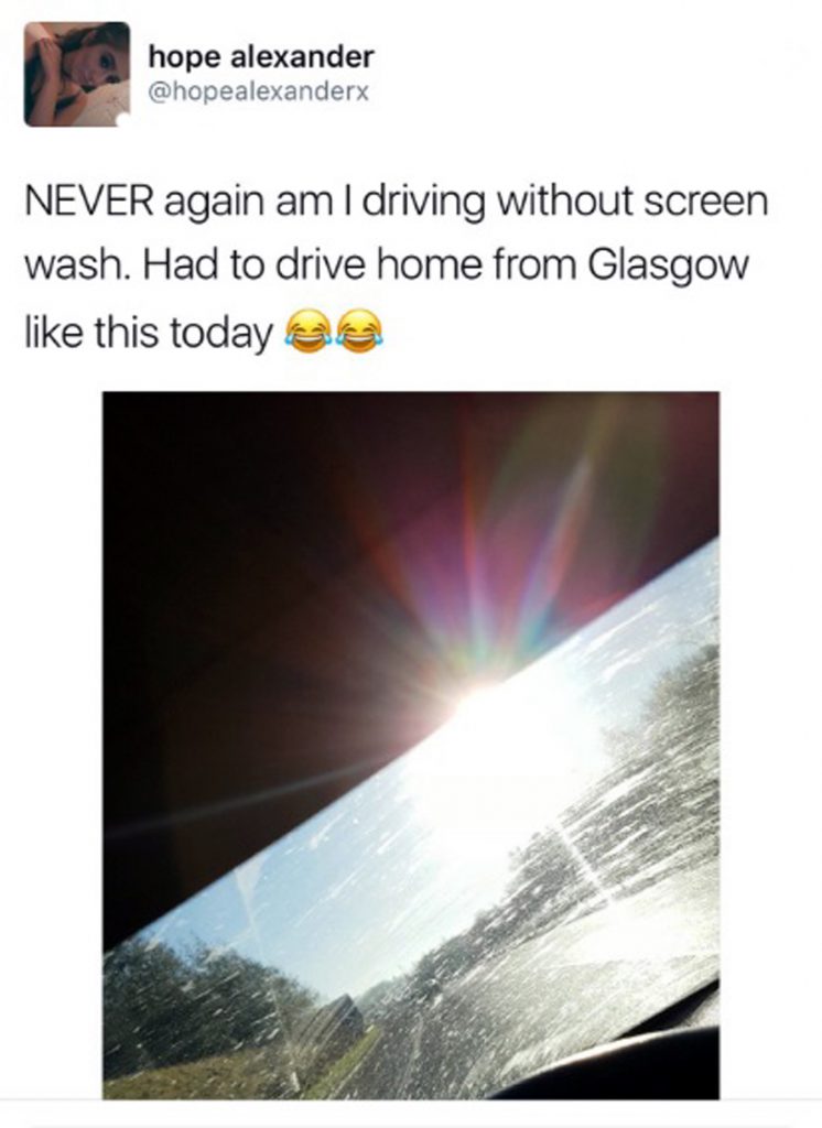 The tweet which showed dazzling sunshine through a dirt-streaked windscreen, revealed she had kept driving after running out of screenwash. 