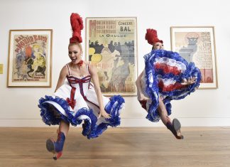 Can can dancer from Moulin Rouge launch Toulouse Lautrec exhibition in Edinburgh, Scotland, October 2018