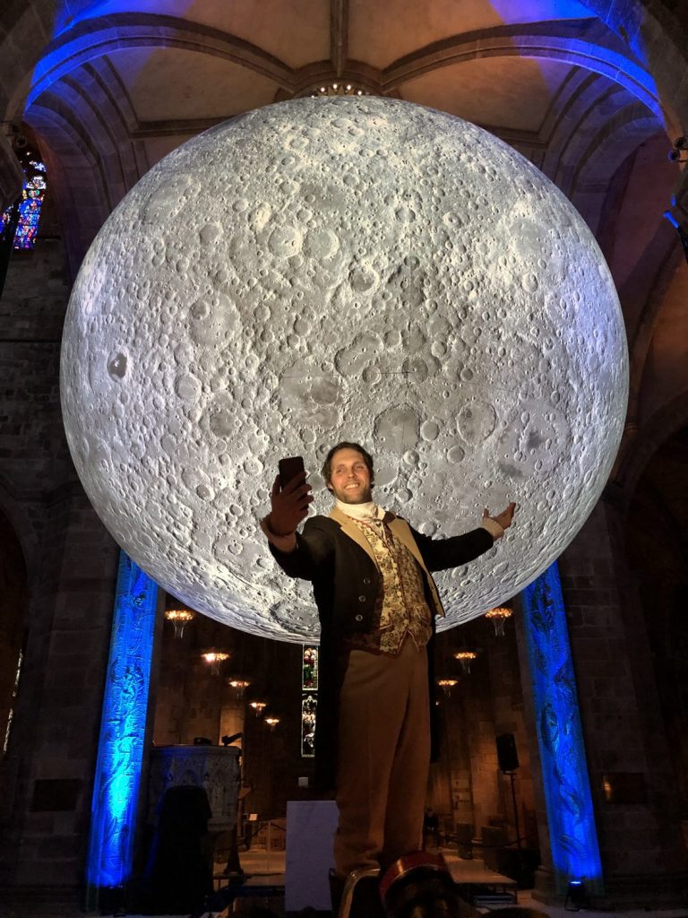 Actor Gareth Morrison plays Burns in front of Museum of The Moon, St Giles' Cathedral as part of Burns&Beyond Festival