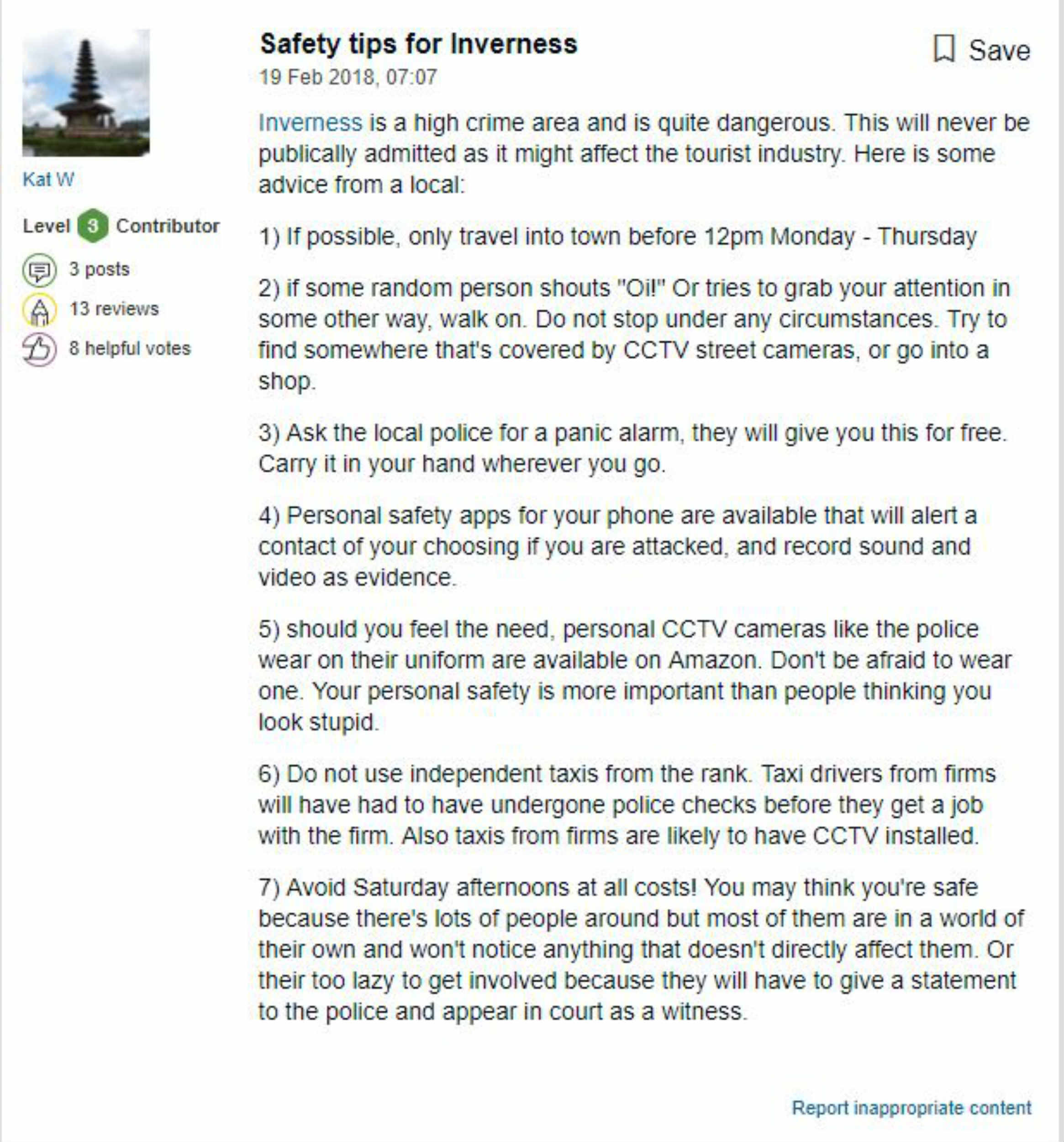 An Inverness local has taken to Trip Advisor to open a tirade against the city. Kat W posts a hilarious warning guide for tourists who may be thinking of visiting the Highland city.