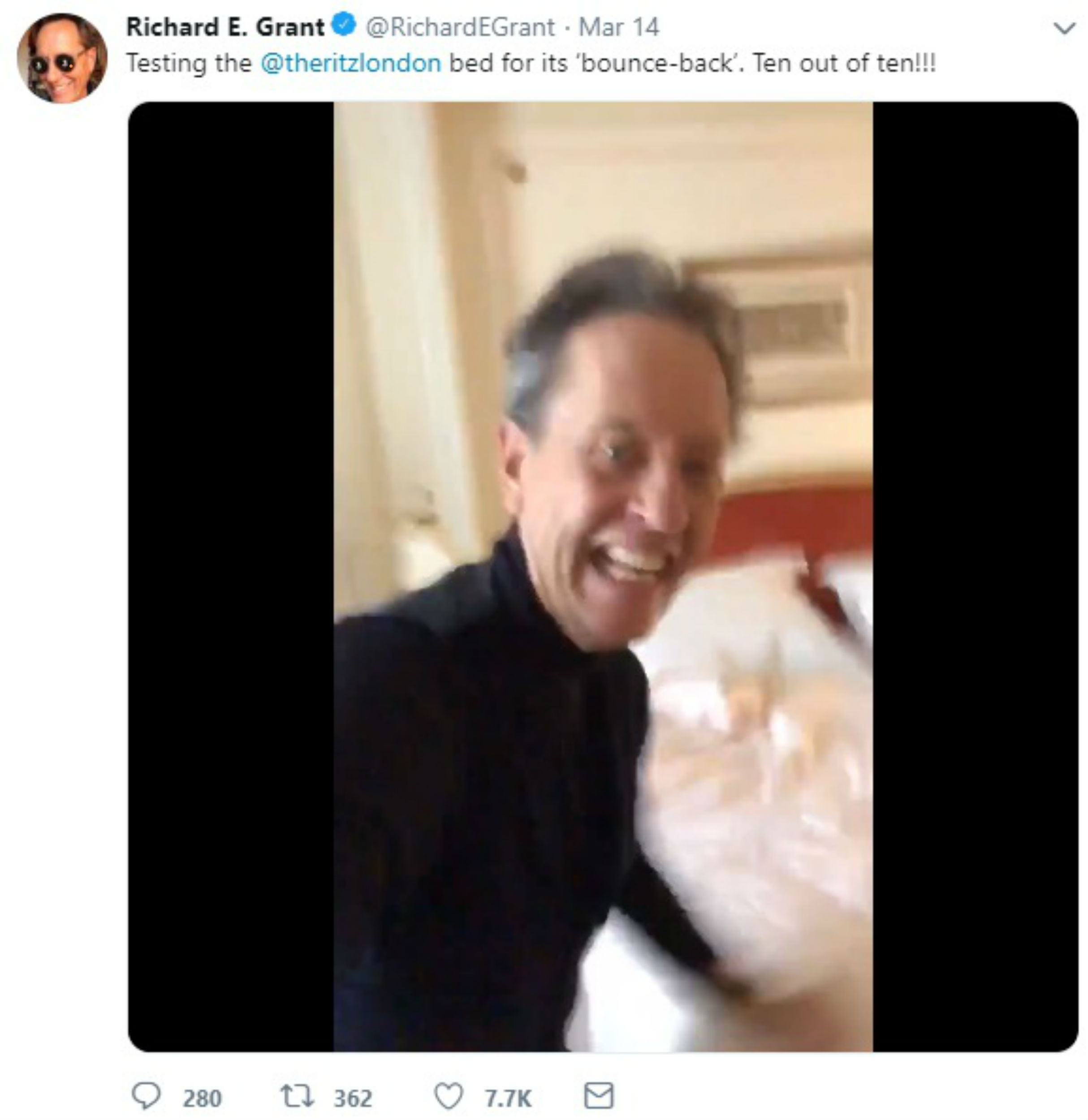 Richard E Grant tweeted about bouncing on a bed at The Ritz which was hilariously recreated by Scottish Comedian, Limmy.