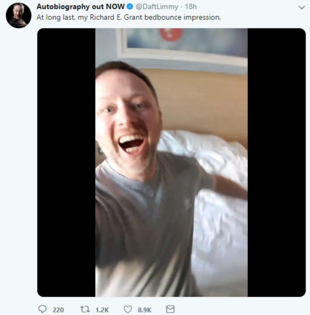Scottish comedian Limmy recreated the hilarious Richard E Grant bed bounce video and tweeted about it