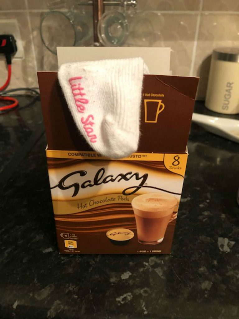 The mystery  sock was discovered by Tara inside her box of Galaxy Hot Chocolate Pods she bought from Aldi