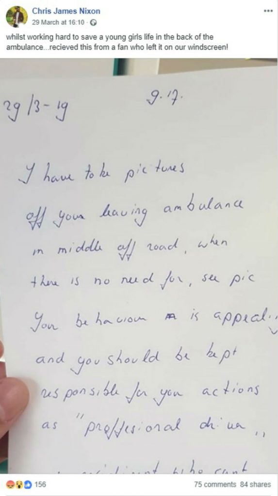 The abusive note left on the back of an NHS ambulance was posted on Faceboo by Chris Nixon. Many social media users reacted to the image.