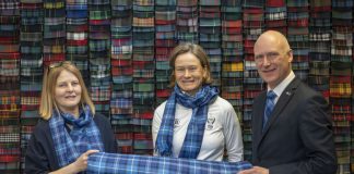A SPECIALLY commissioned tartan designed to celebrate The Solheim Cup’s return to Scotland has been unveiled. Scotland’s Minister for Public Health, Sport and Wellbeing, Joe FitzPatrick and European Solheim Cup Captain, Catriona Matthew revealed the design following a factory tour of leading tartan manufacturers, Lochcarron of Scotland in Selkirk. VisitScotland commissioned the company to create The Official Solheim Cup Tartan which comprises a blue, red, yellow and white design to mirror the colours on the flags of Scotland, Europe and the USA.
