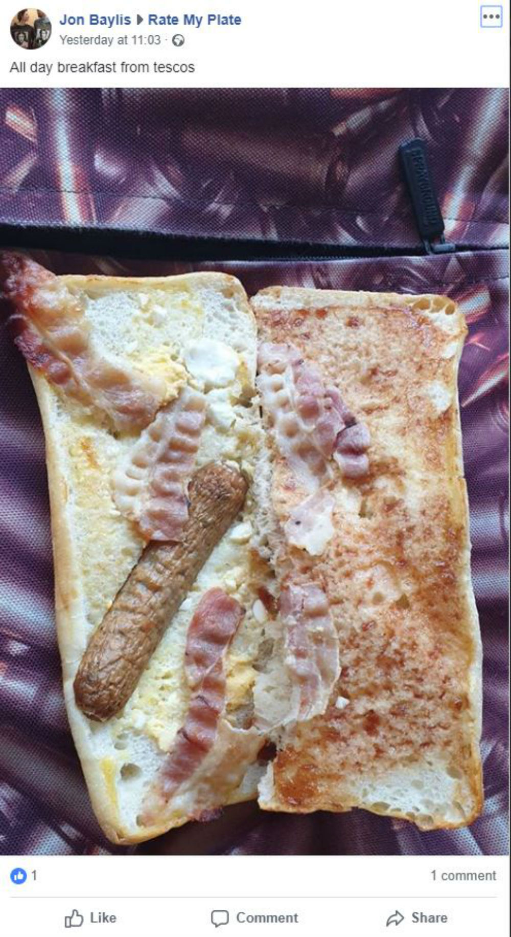 Tesco customer posts snap of "all day breakfast" roll with half sausage plus scraps of bacon and egg