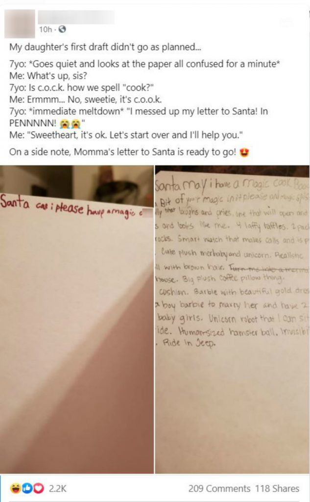 Mother shares hilarious spelling mistake in letter to santa
