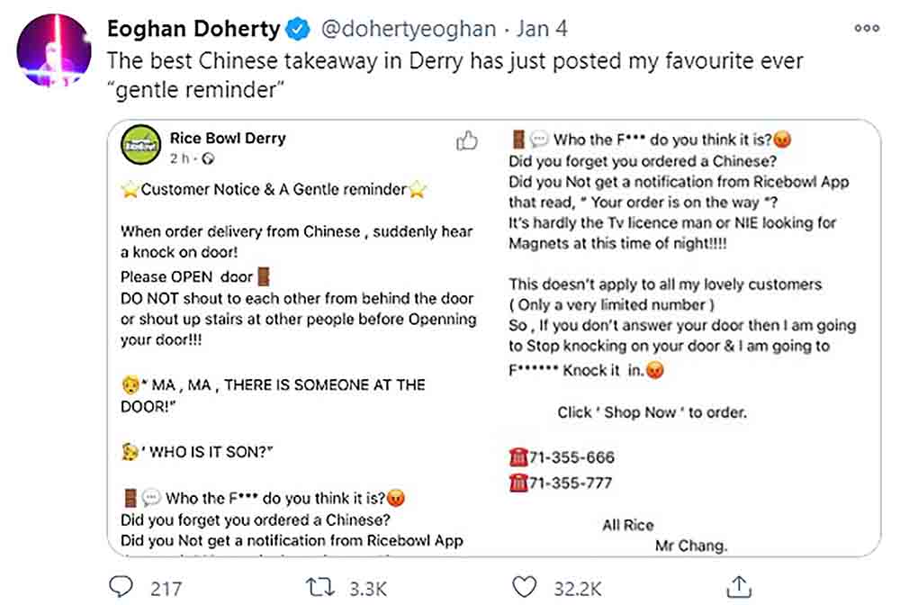 Facebook post made by Chinese takeaway goes viral after posting reminder about answering the door - Viral News UK