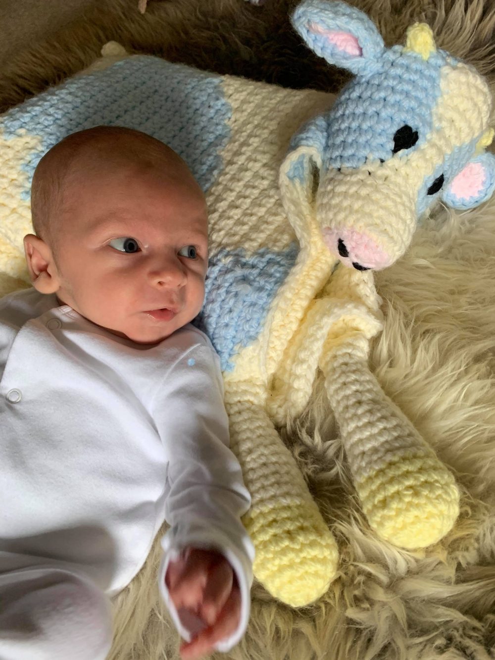 Baby Frederick with a knitted cow | Agriculture News UK