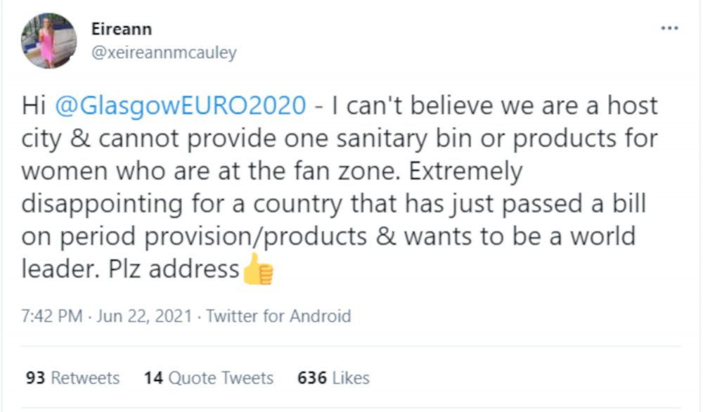 Eirrean McAuley sanitary bins Euro 2020 tweet - football news Scotland