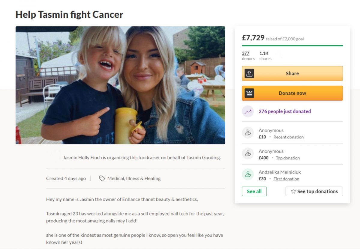 Jasmine Finch's GoFundMe page for breast cancer sufferer Tasmin Gooding