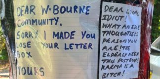 The postbox with the vandal's apology note attached, and subsequent response notes from locals.