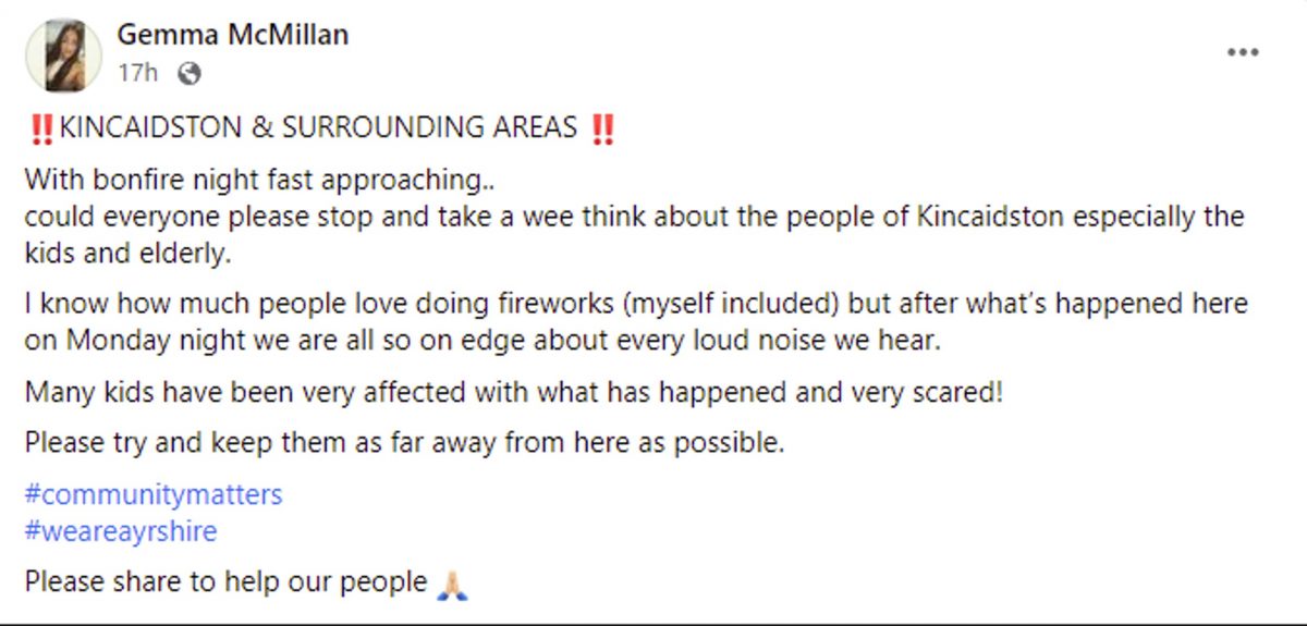 Facebook post of Gemma McMillan requesting that no fireworks displays take place at Kincaidston this year.