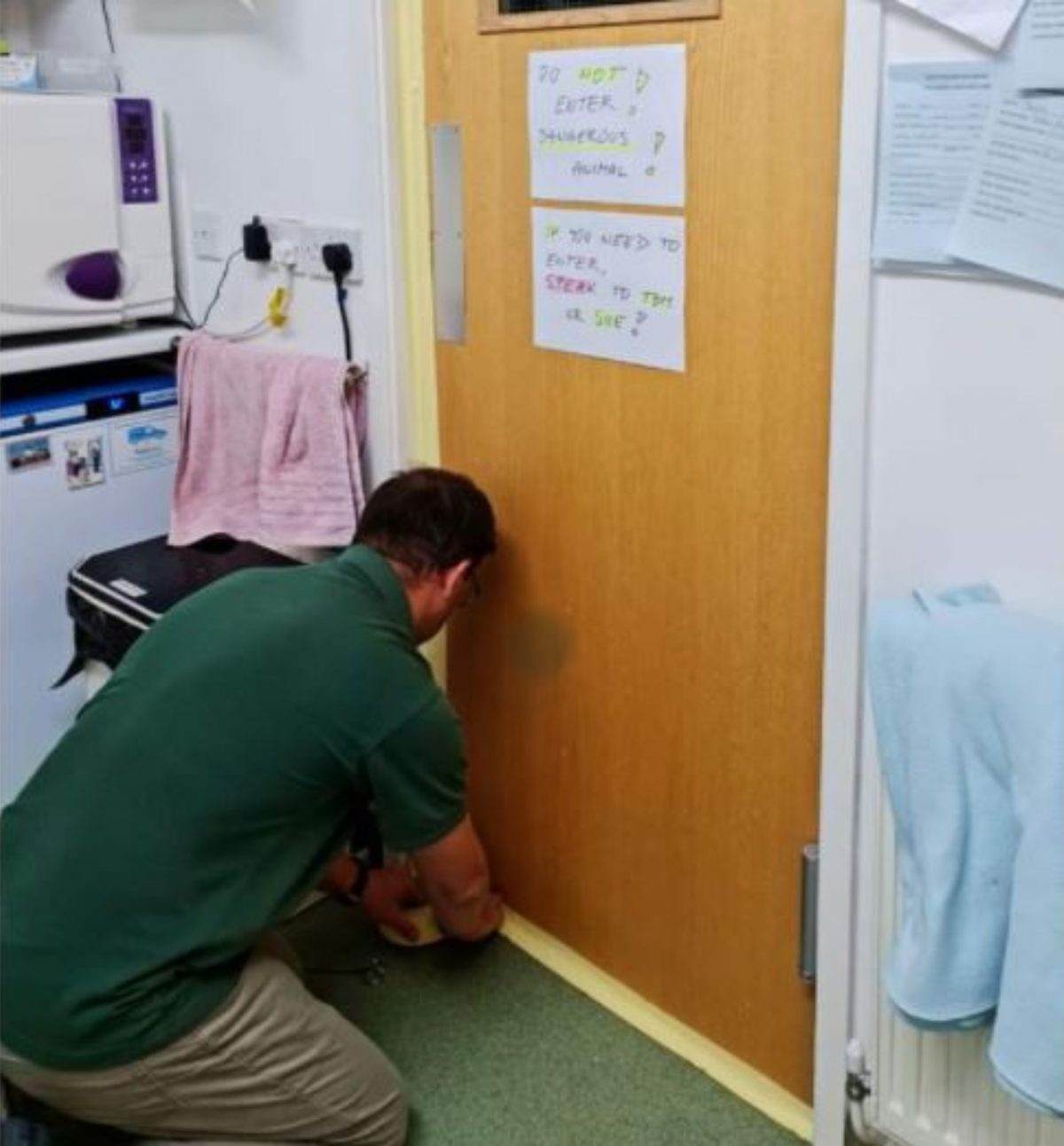 Vets tape up door to keep staff safe from snake