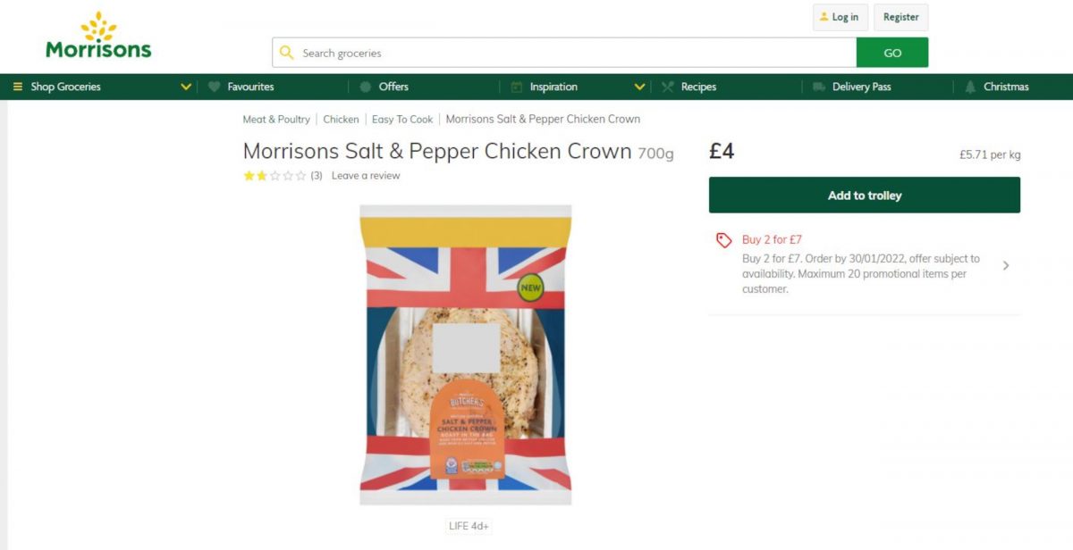 The chicken still on sale on the official Morrisons website.