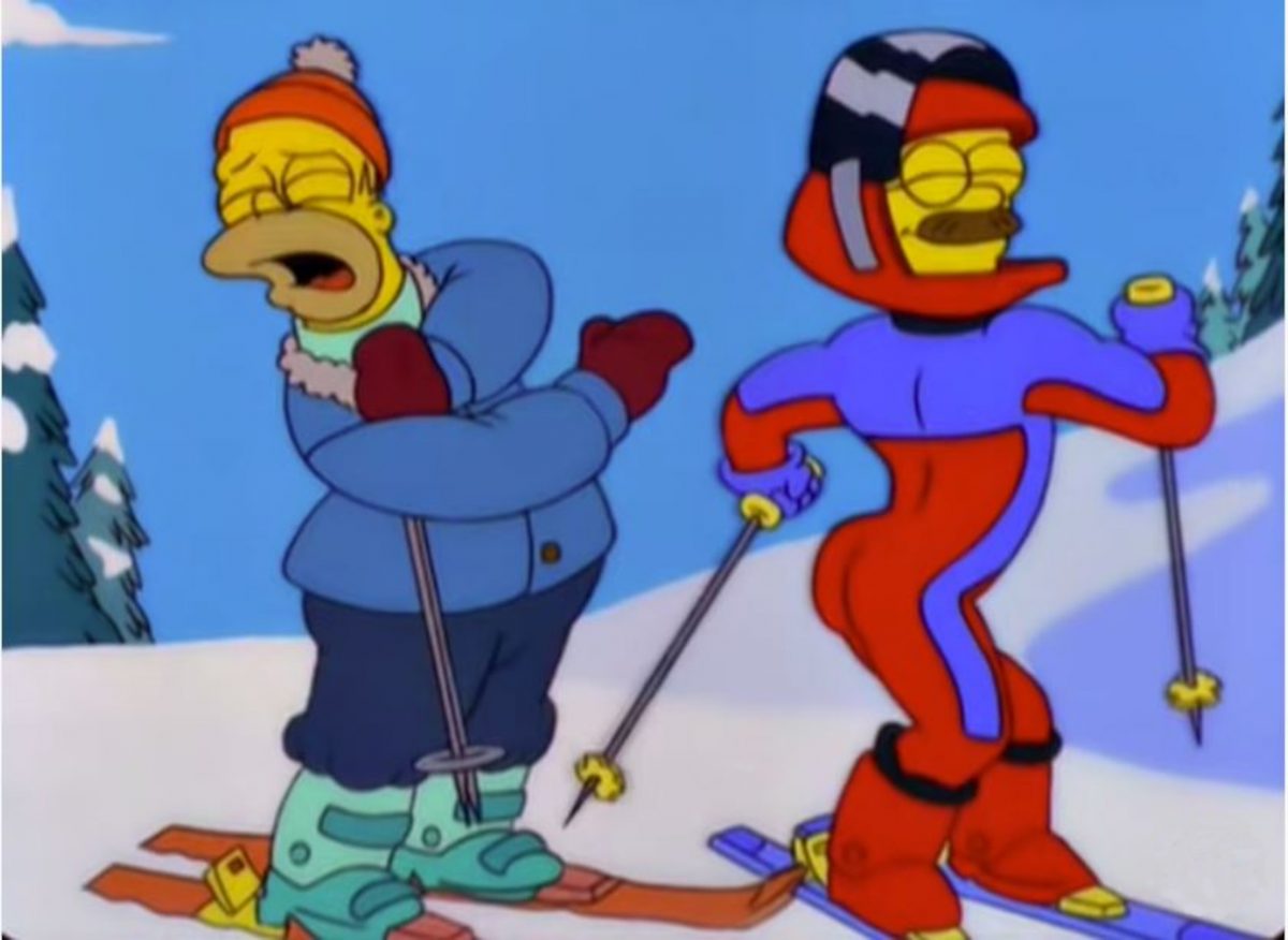 The scene from The Simpsons in which Ned Flanders is wearing his infamous skin-tight red and blue ski suit.