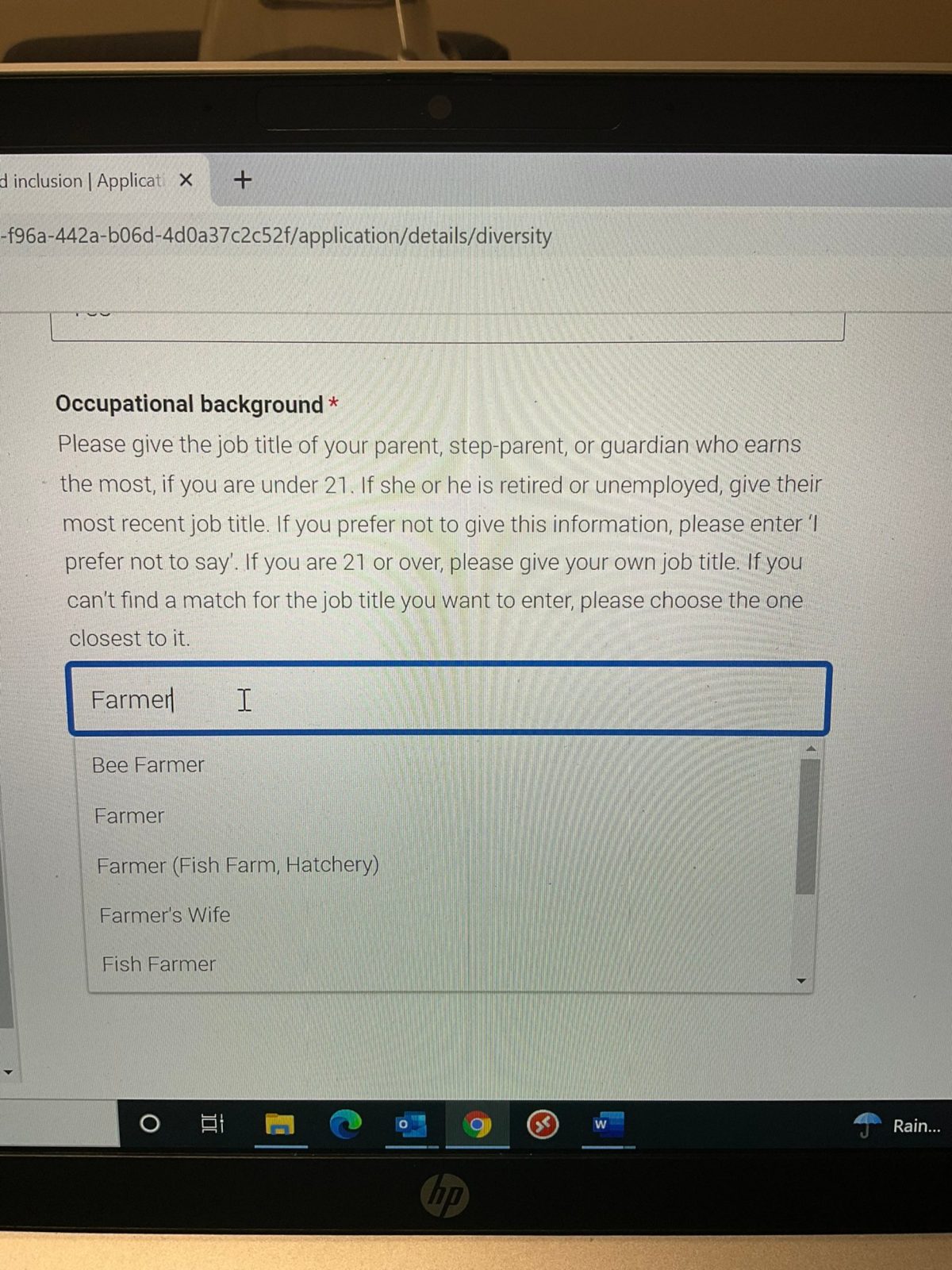 The UCAS form with the drop down option of "farmer's wife".