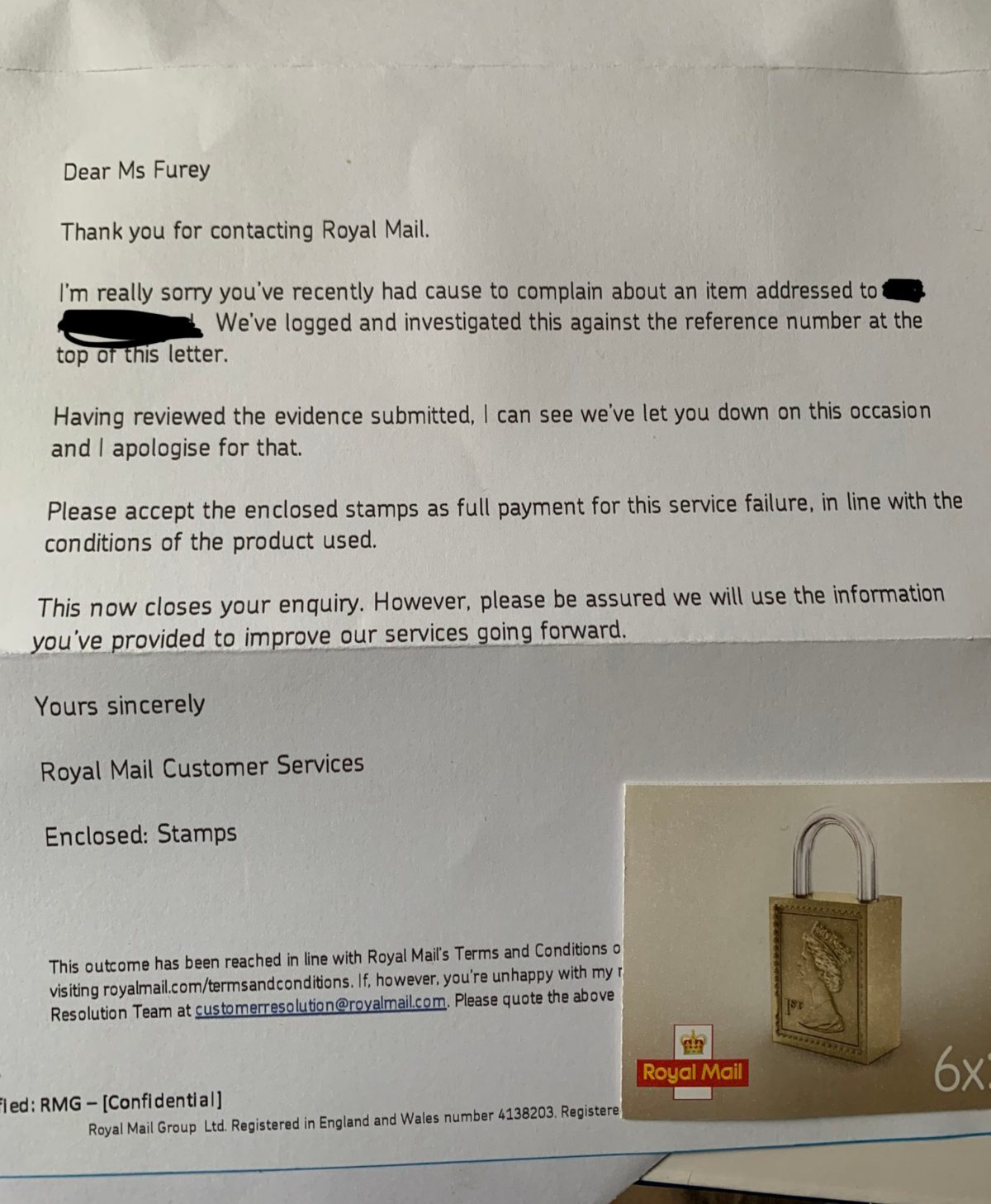 One customer posted this letter from Royal Mail