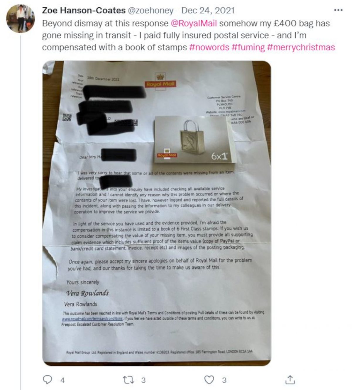 A customer of Royal Mail tweeted their dissatisfaction