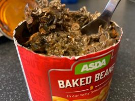The opened tin of mouldy baked beans.