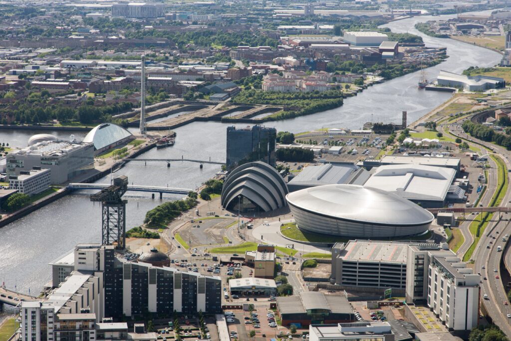 Aerial view of Scottish Event Campus including SSE Hydro, Armadillo and SECC, Glasgow.