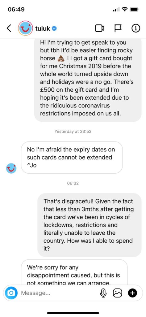 Erica was told via Instagram the voucher would not be extended