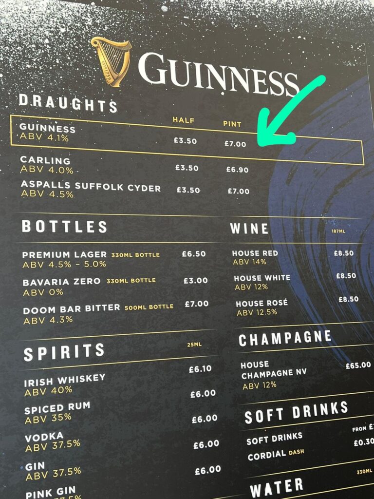 The drinks menu in the Guinness Tent.
