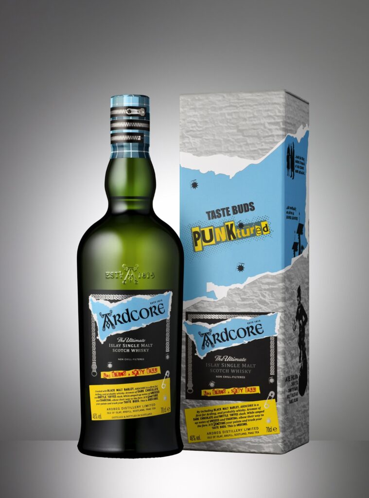 The bottle of Ardcore whisky alongside its box.