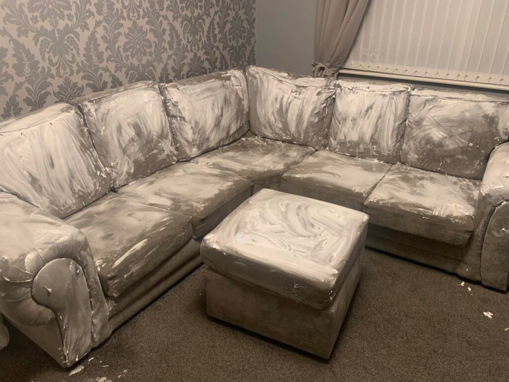 The couch when the shaving cream was applied