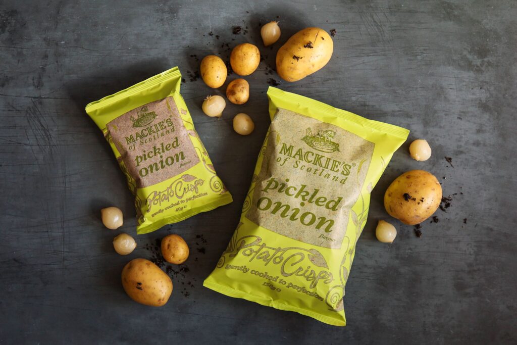 Mackie's pickled onion flavour crisp packets.