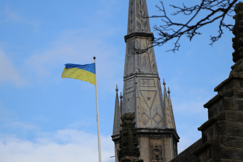 The Ukrainian flag flying over the University of Aberdeen's King's College campus.