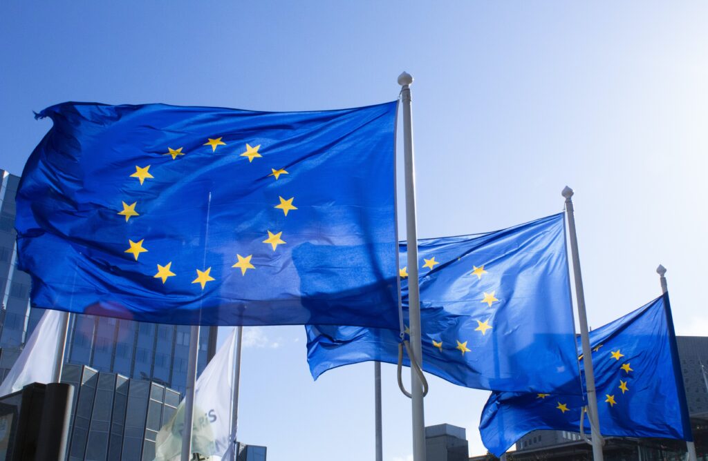 European Union flags on masts.