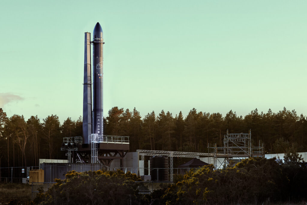 Orbex Prime rocket situated on its launch pad.