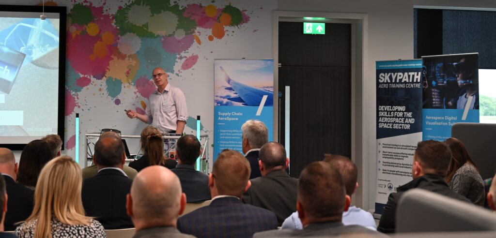 David Alexander OBE in the middle of his keynote speech at the Beyond Launch event.