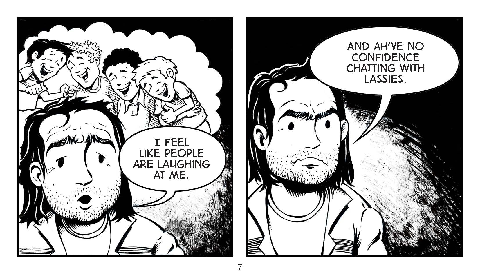 Black and white comic of a man with children laughing behind him.
