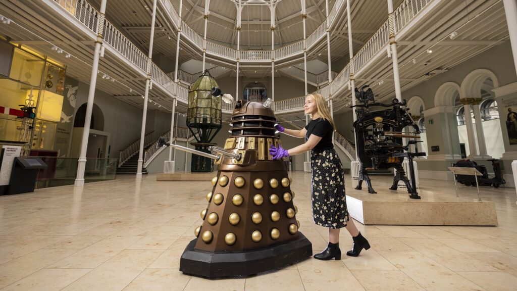 Model of a Dalek being wheeled into the National Museum of Scotland.