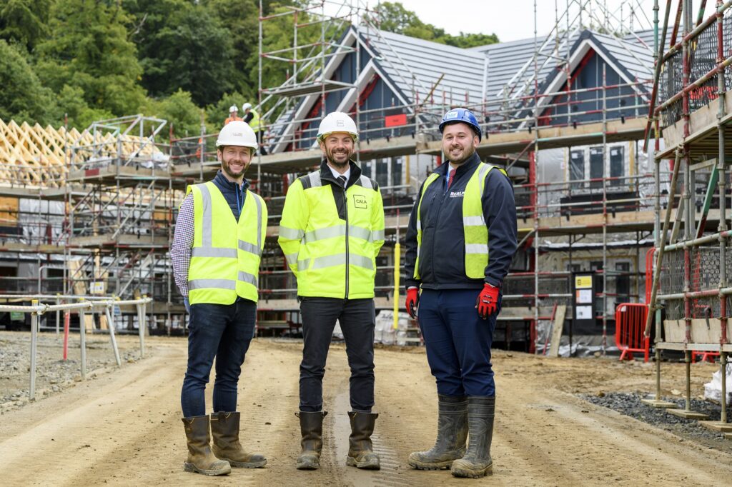 (L-R) Dale Lamont (Inchcolm Green Senior Site Manager), Scott Adamson (Adamson Doors) and Thomas Morgan (Realm Construction) pictured in front of the construction site.