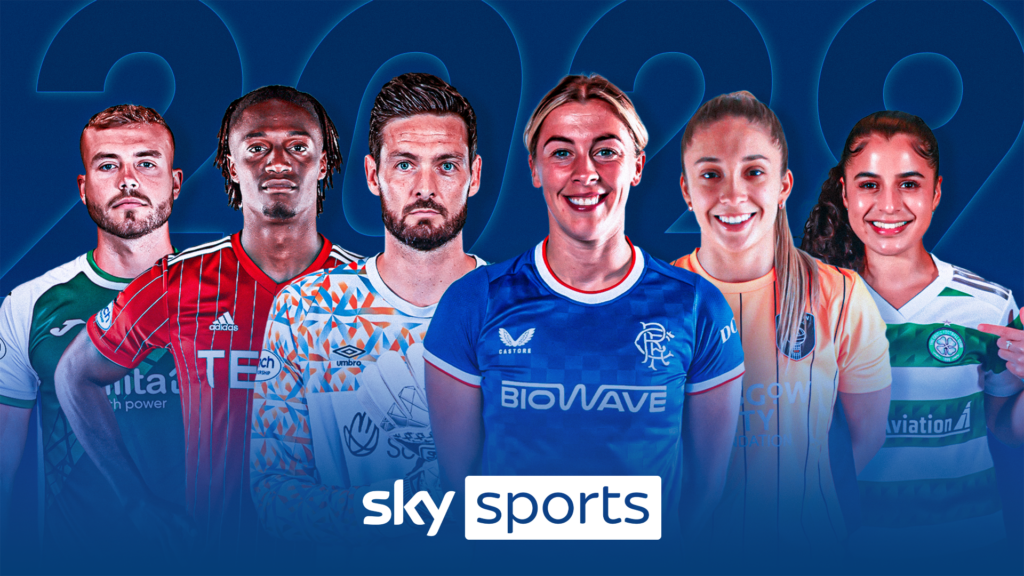 Lineup of male and female players in Sky Sports Scottish football coverage.