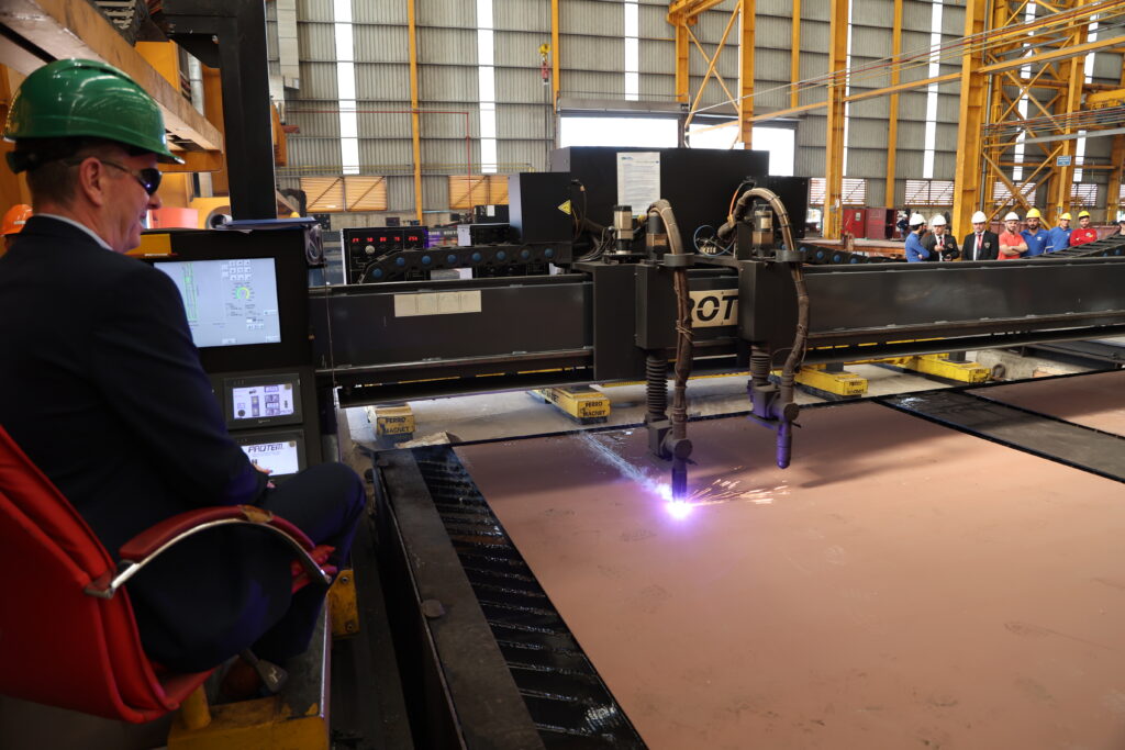 Steel being cut at Cemre Marin Endustri shipyard in Turkey, where the Islay ferries are being built.